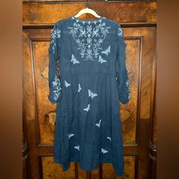 GUC Johnny Was- Lulu Butterfly Embroidered Navy Blue Dress. Size S - Picture 2 of 8